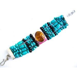 Citrine Turquoise Bracelet Black Star Beads Hand Made Sterling Silver HooK